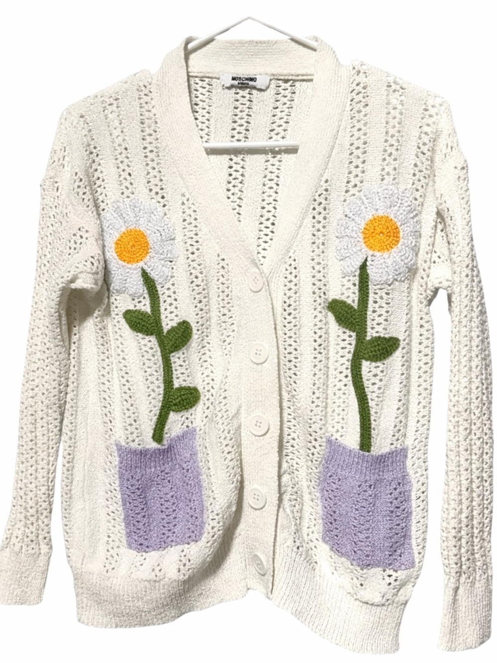 MOSCHINO Daisy Crochet Novelty Knit Coquette Cottagecore Cardigan